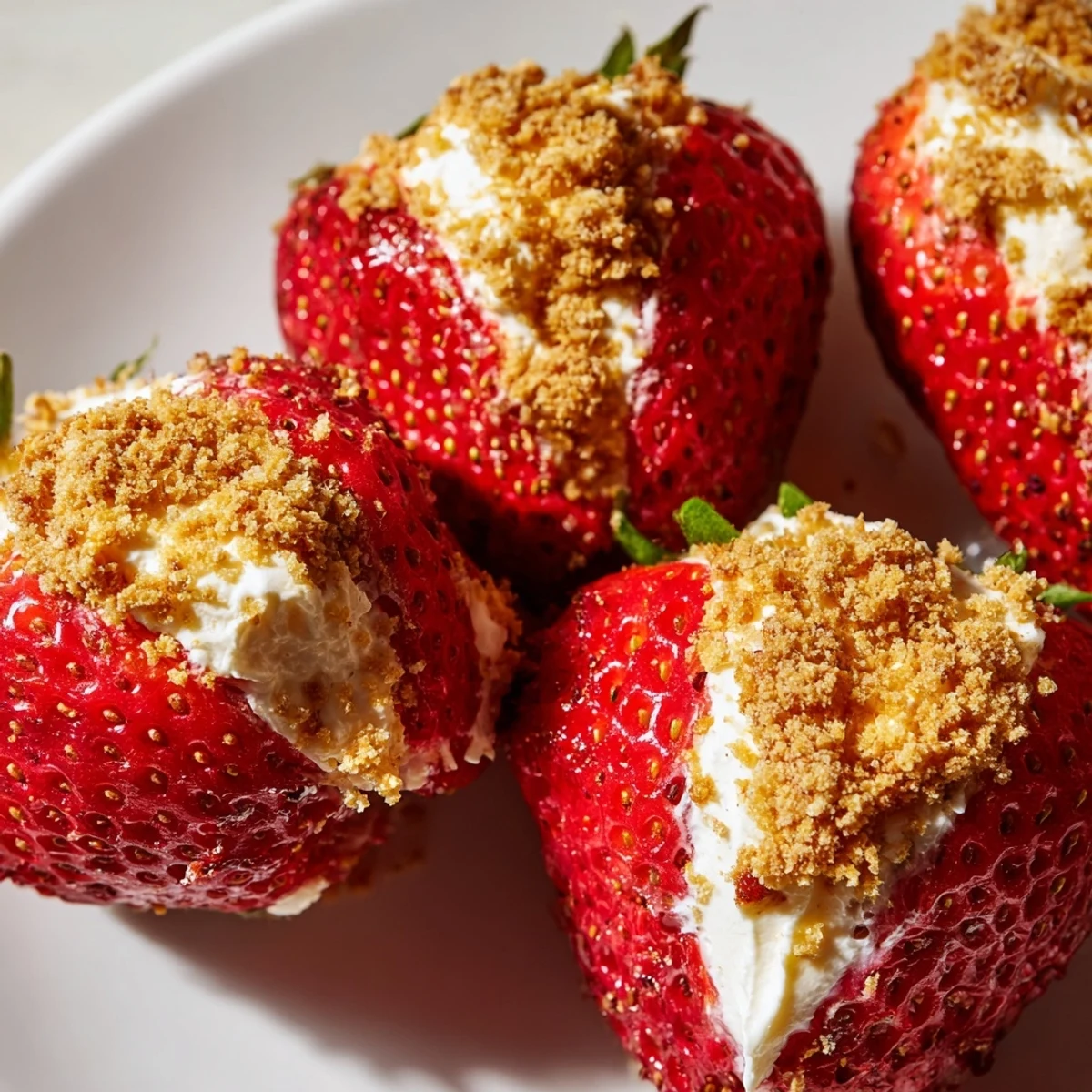 Close-up of Cheesecake Stuffed Strawberries, featuring juicy red berries and a luscious cheesecake filling.