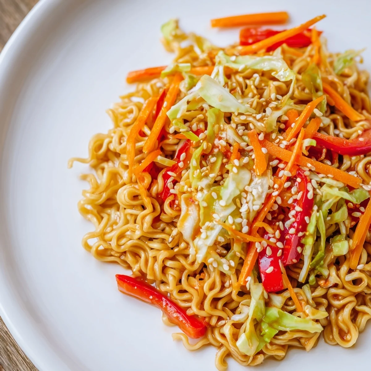Steaming bowl of spicy ramen stir fry with vibrant vegetables and a savory sauce.