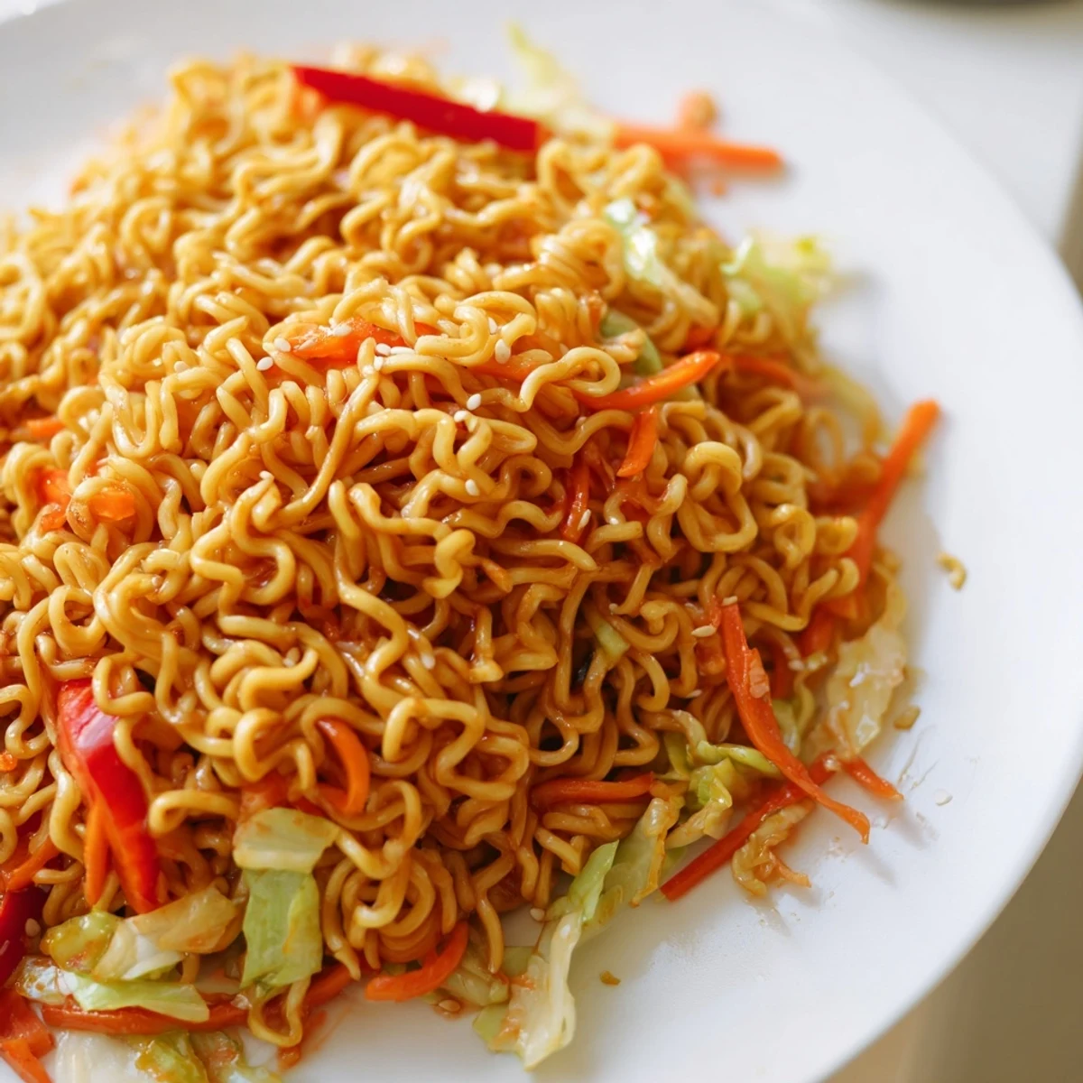 Close-up of a delicious spicy ramen stir fry, garnished with green onions and sesame seeds.
