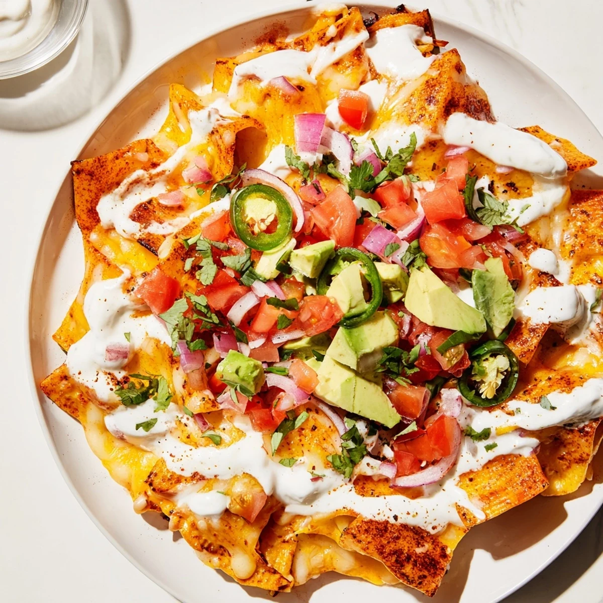 Golden-brown Pasta Chips Nachos loaded with melted cheese, vibrant toppings, and a creamy sauce.