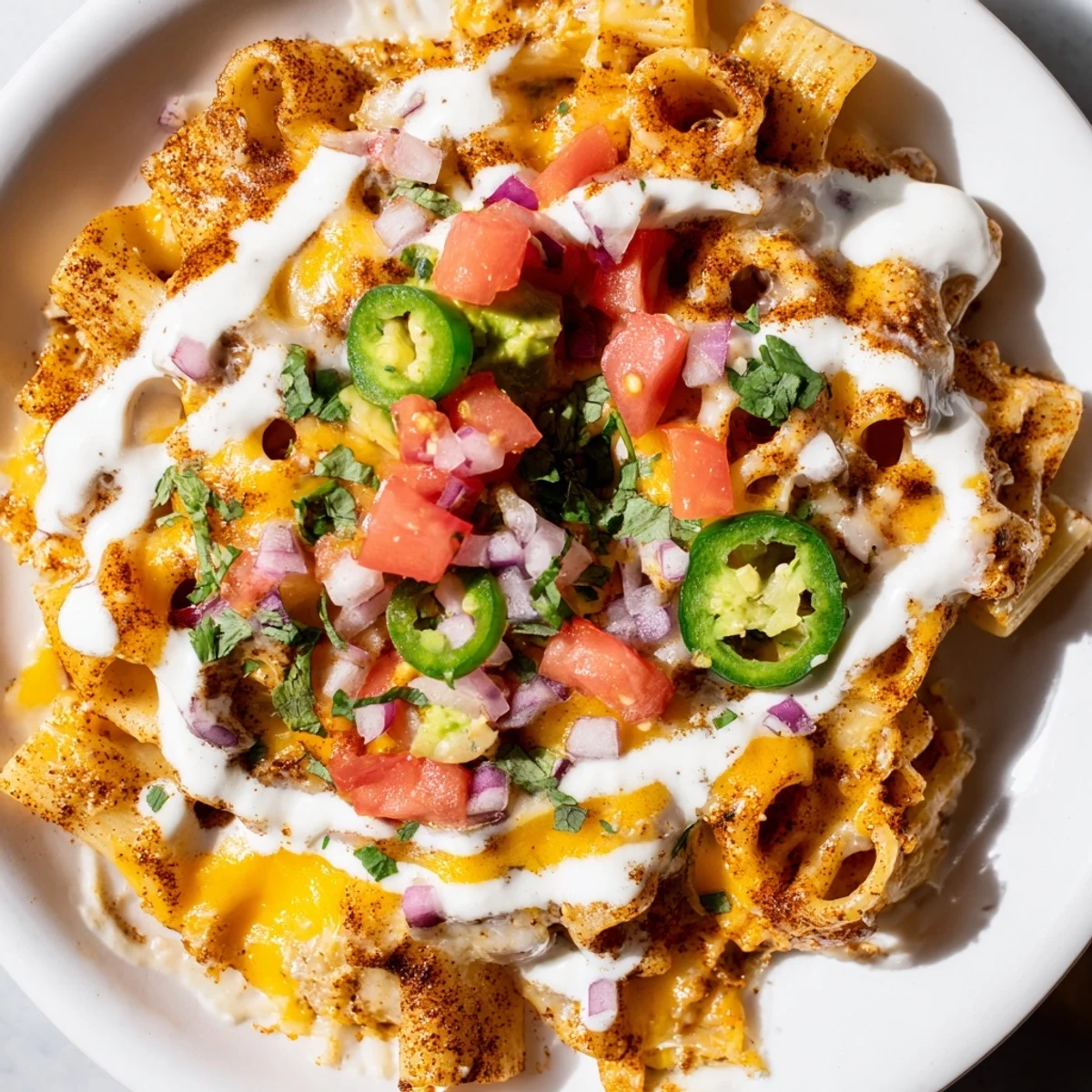 A close-up view of cheesy Pasta Chips Nachos with fresh cilantro and diced avocado served hot.