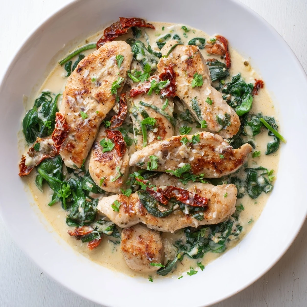 Savory Creamy Tuscan Chicken served with a generous pour of creamy sauce, ready for a comforting meal.