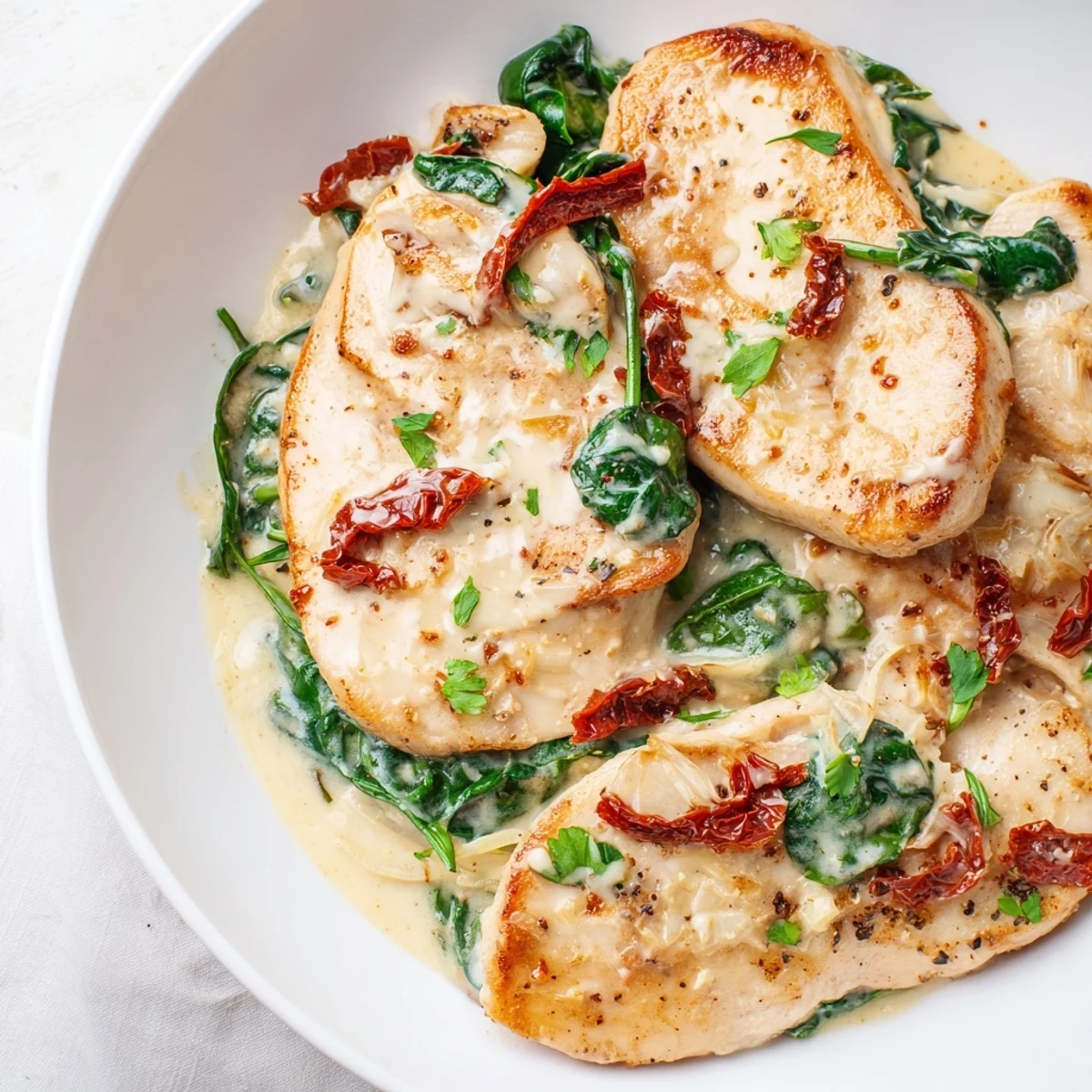 Creamy Tuscan Chicken simmering in a skillet, filled with spinach and sun-dried tomatoes—a delicious Italian dinner.