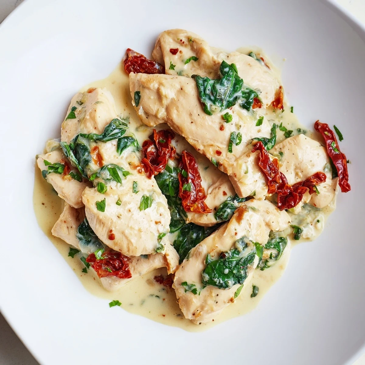 One-pan Creamy Tuscan Chicken, showcasing juicy chicken breasts bathed in a rich, flavorful Parmesan cream sauce.