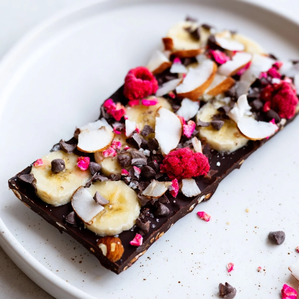 A close-up of homemade Chocolate Banana Bark showcasing rich dark chocolate and colorful toppings.