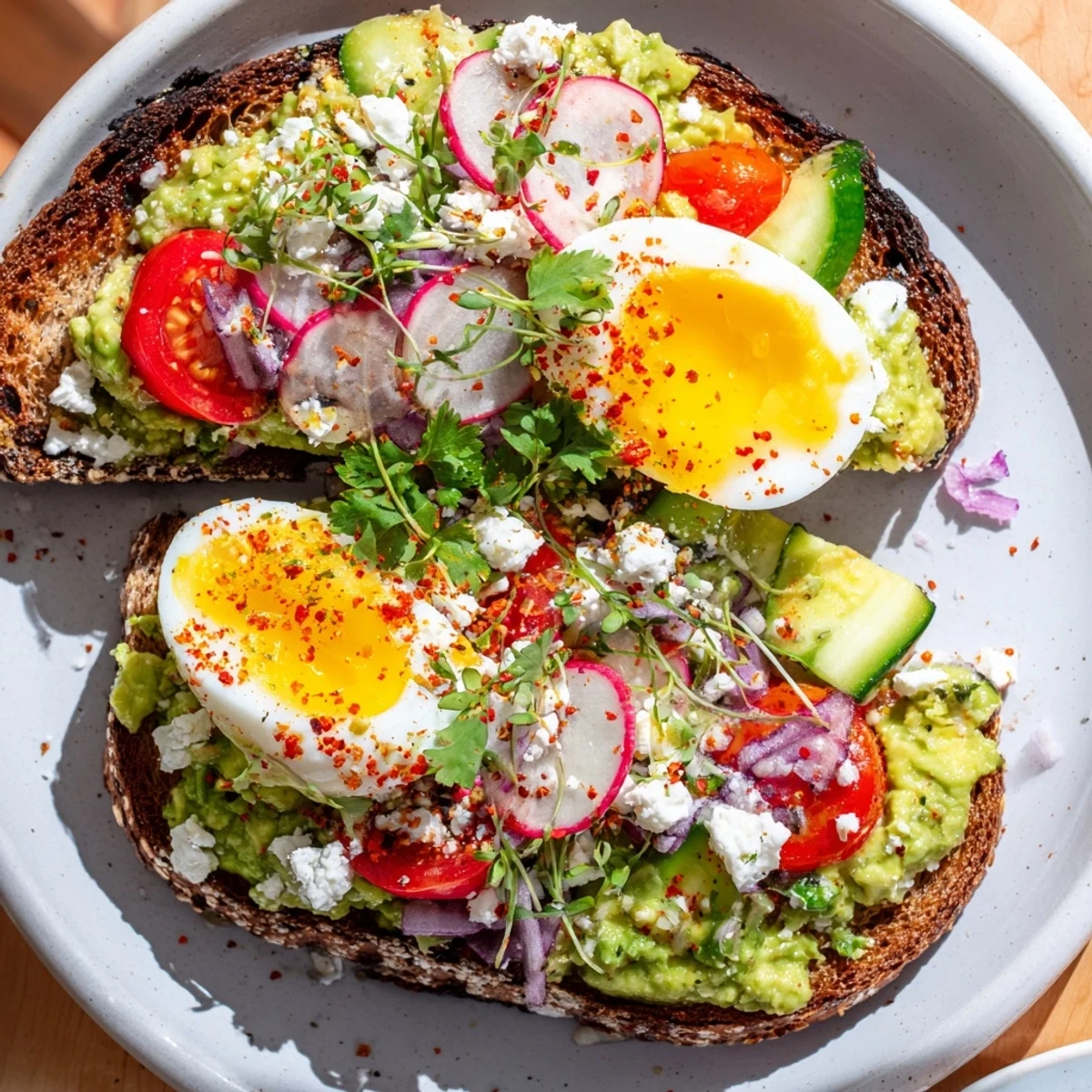 Freshly assembled loaded avocado toast showcasing colorful vegetables, feta, and a rich egg yolk.