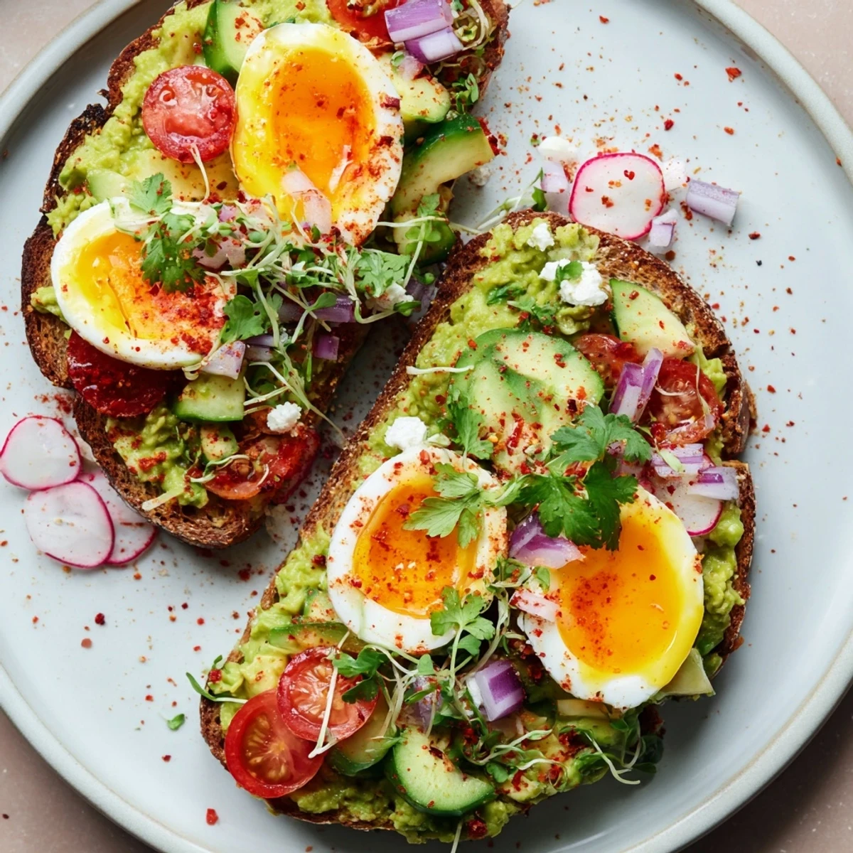 Enjoy a hearty plate of loaded avocado toast with a flavorful assortment of veggies and herbs.