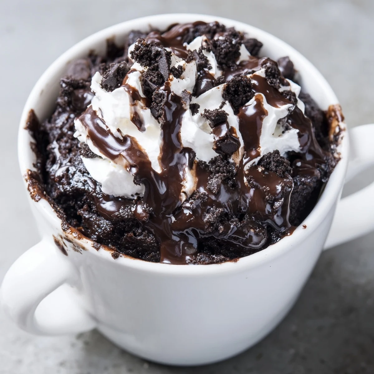 A steaming mug filled with a rich, single-serve Oreo Mug Cake, topped with whipped cream and sprinkles.