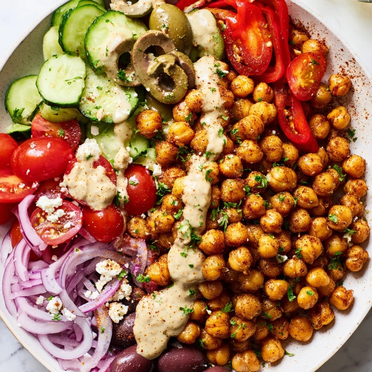 Mediterranean Chickpea Bowl bursting with color: roasted chickpeas, fresh veggies, tahini, and feta.