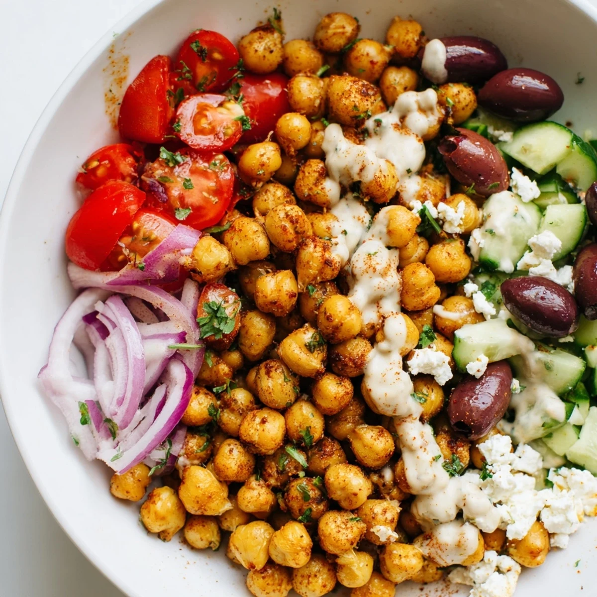 This vibrant bowl of Mediterranean Chickpea Bowl highlights juicy tomatoes, cucumber, and flavorful spiced chickpeas.