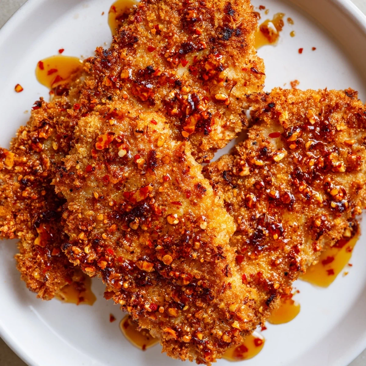 Golden brown and crispy Hot Honey Crispy Chicken Thighs, perfectly drizzled with sweet, spicy honey glaze.