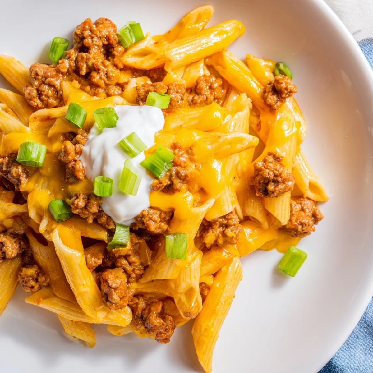 One-Pot Taco Pasta is bubbling with cheese, ready to be quickly served with fresh toppings.