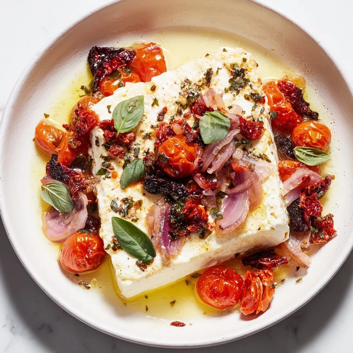 Baked feta pasta with sun-dried tomatoes: a bright dish with creamy feta and vibrant, soft tomatoes.