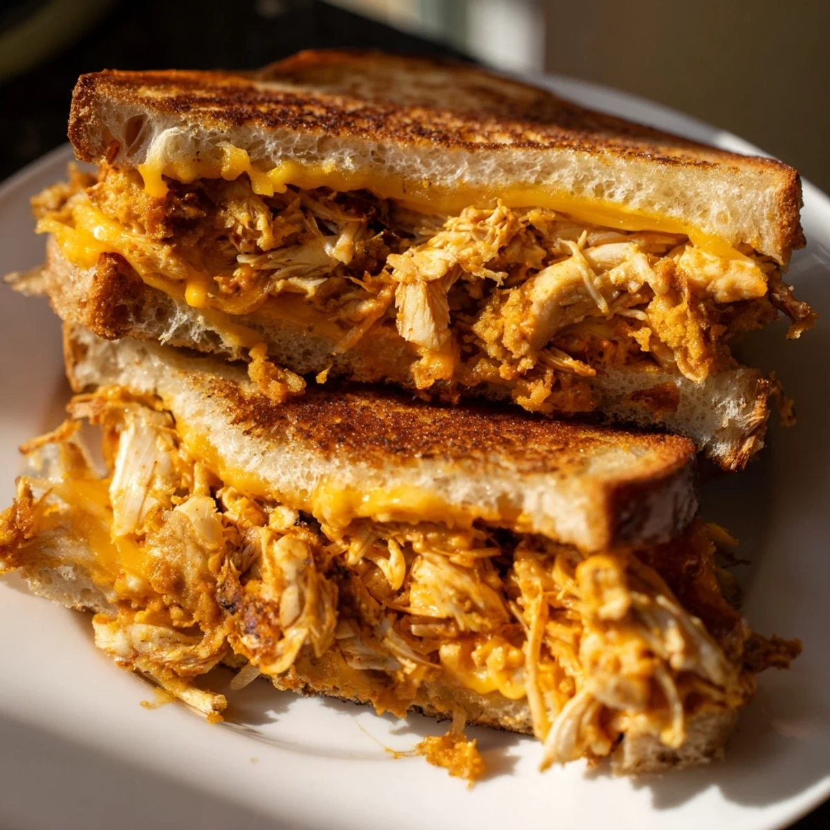 Golden brown bread surrounds layers of spicy crispy chicken sandwich grilled cheese, offering a satisfying crunch.