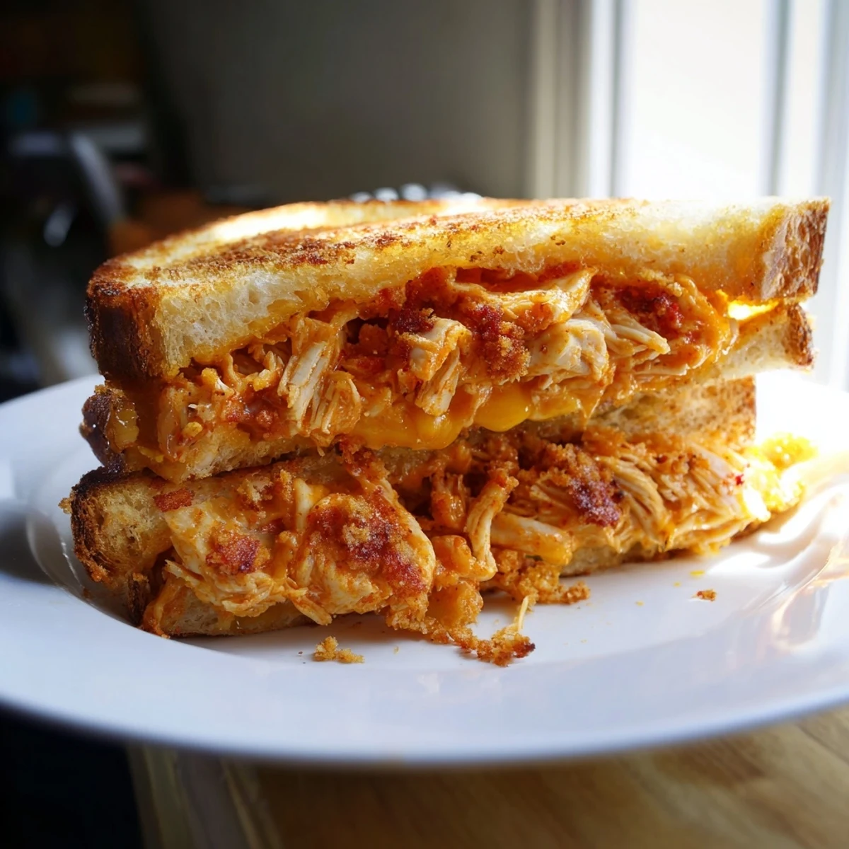 Melted cheese oozes from this Spicy Crispy Chicken Sandwich Grilled Cheese, hinting at the delightful heat within each bite.