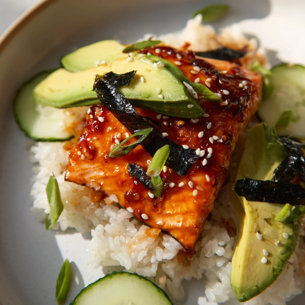 Emily Mariko-inspired sticky orange gochujang salmon bowl with glistening, glazed salmon on rice and fresh toppings.