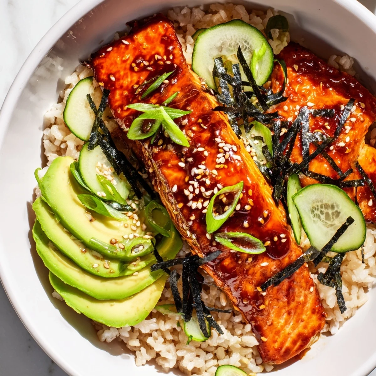 Delicious Emily Mariko-inspired salmon bowl with tender salmon, gochujang sauce, and colorful fresh vegetables.
