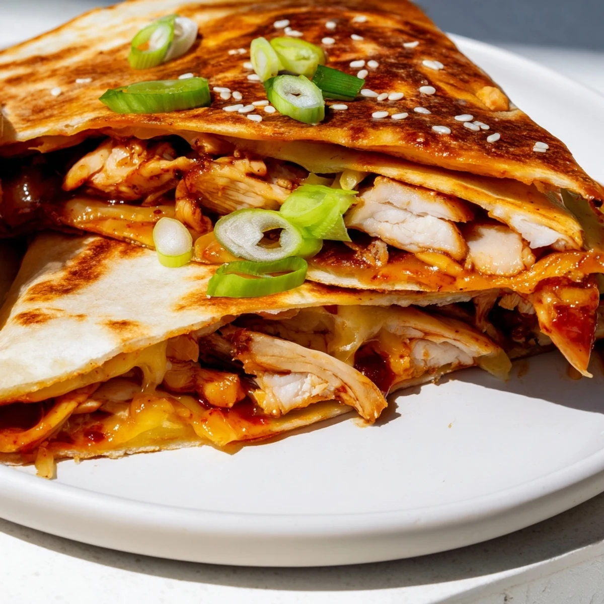 Golden, grilled Korean BBQ chicken wraps, filled with melted cheese, ready to be sliced and enjoyed.