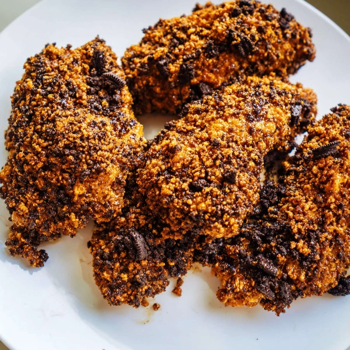 Golden-fried DIY KFC Oreo Krusher-inspired chicken tenders, crispy and coated with sweet Oreo crumbs.