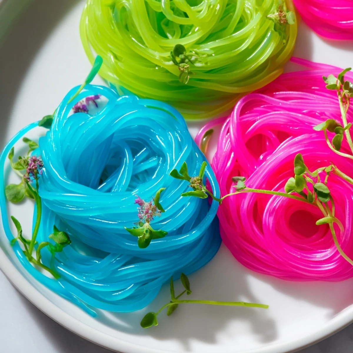 Brightly colored Neon Noodle Clouds look refreshing and jiggly, perfect alongside a savory dipping sauce.