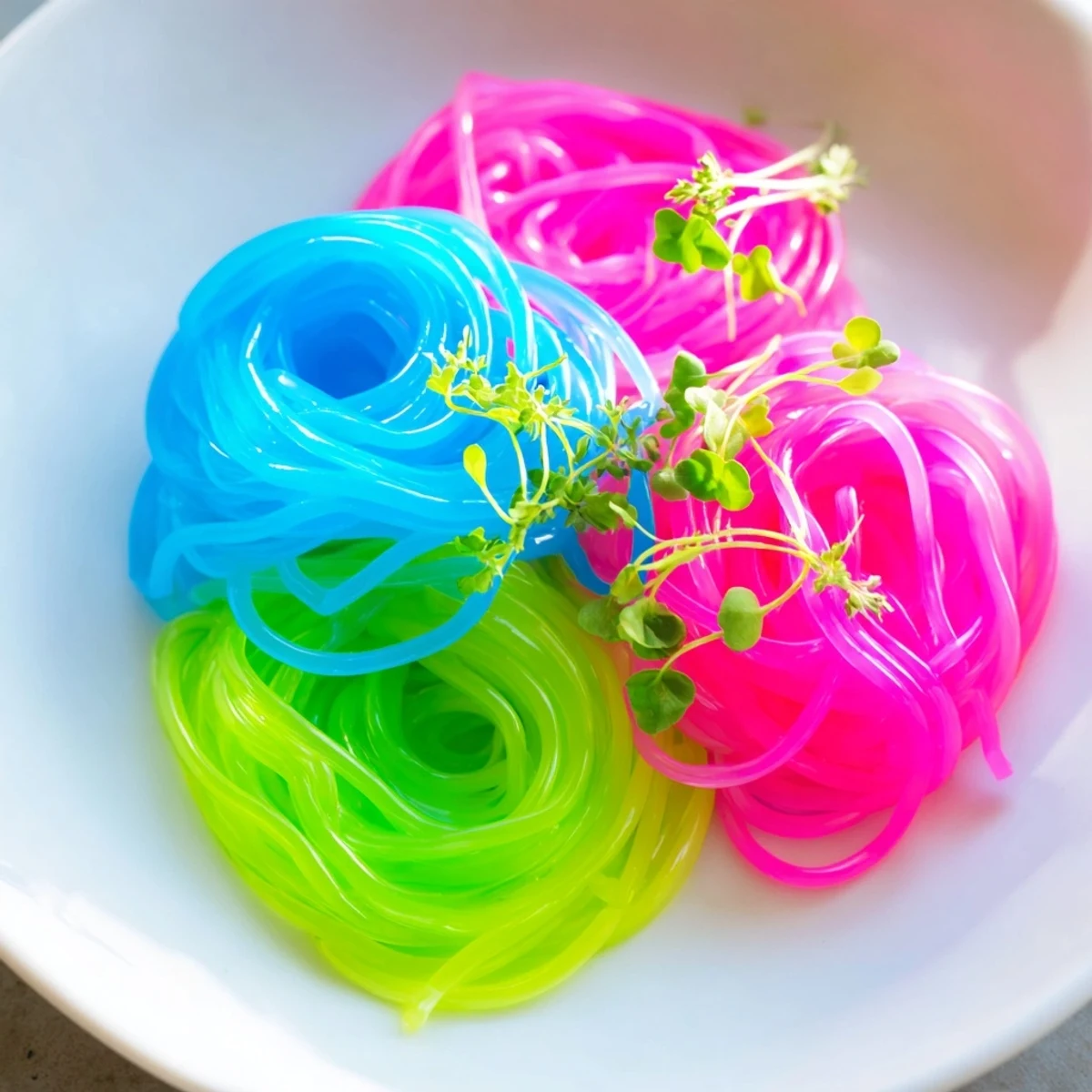 Close-up of vibrant Neon Noodle Clouds: cold, colorful noodles with a savory dipping sauce, ready to be enjoyed.