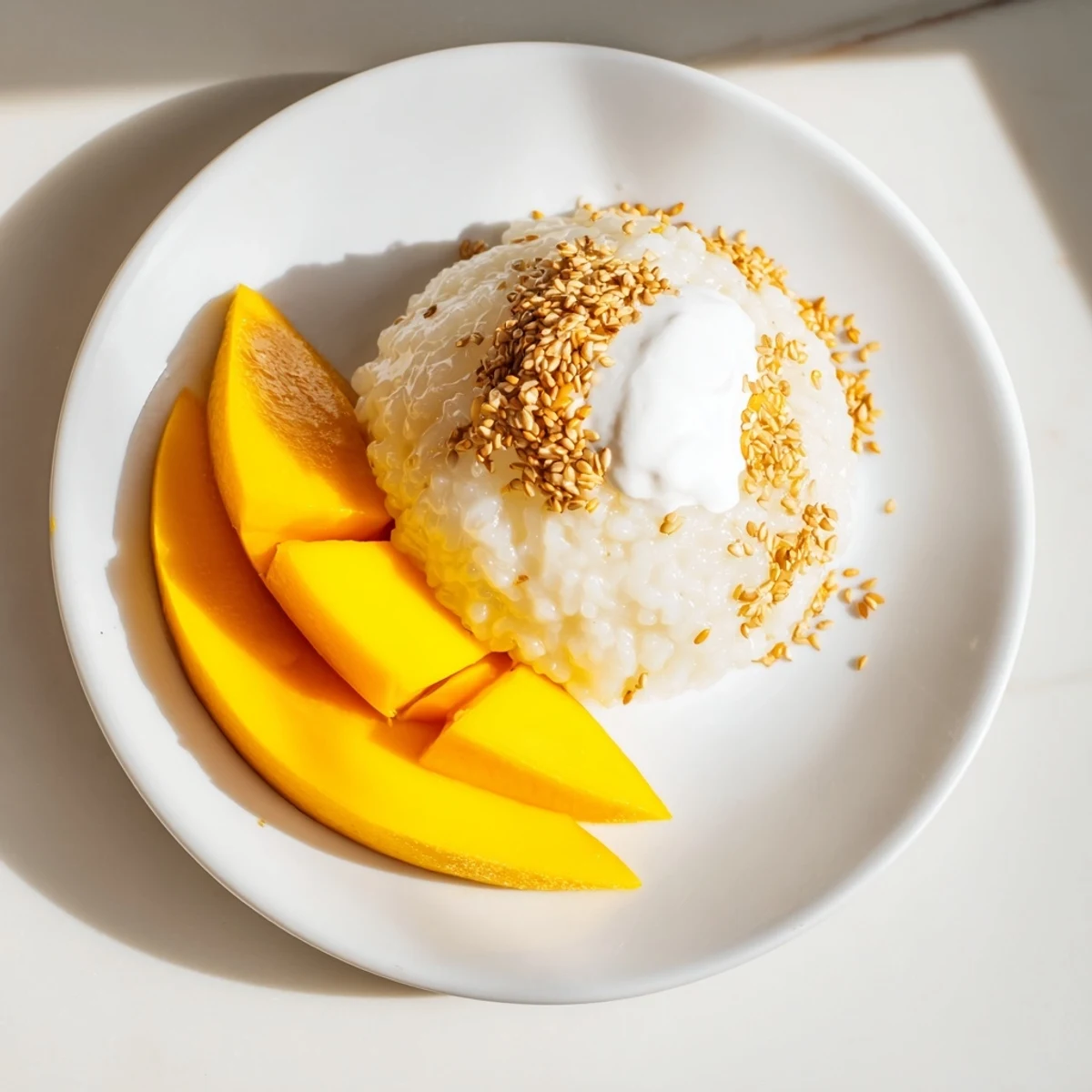 Sweet yellow mango slices next to plates of creamy Thai Mango Sticky Rice, ready to eat.