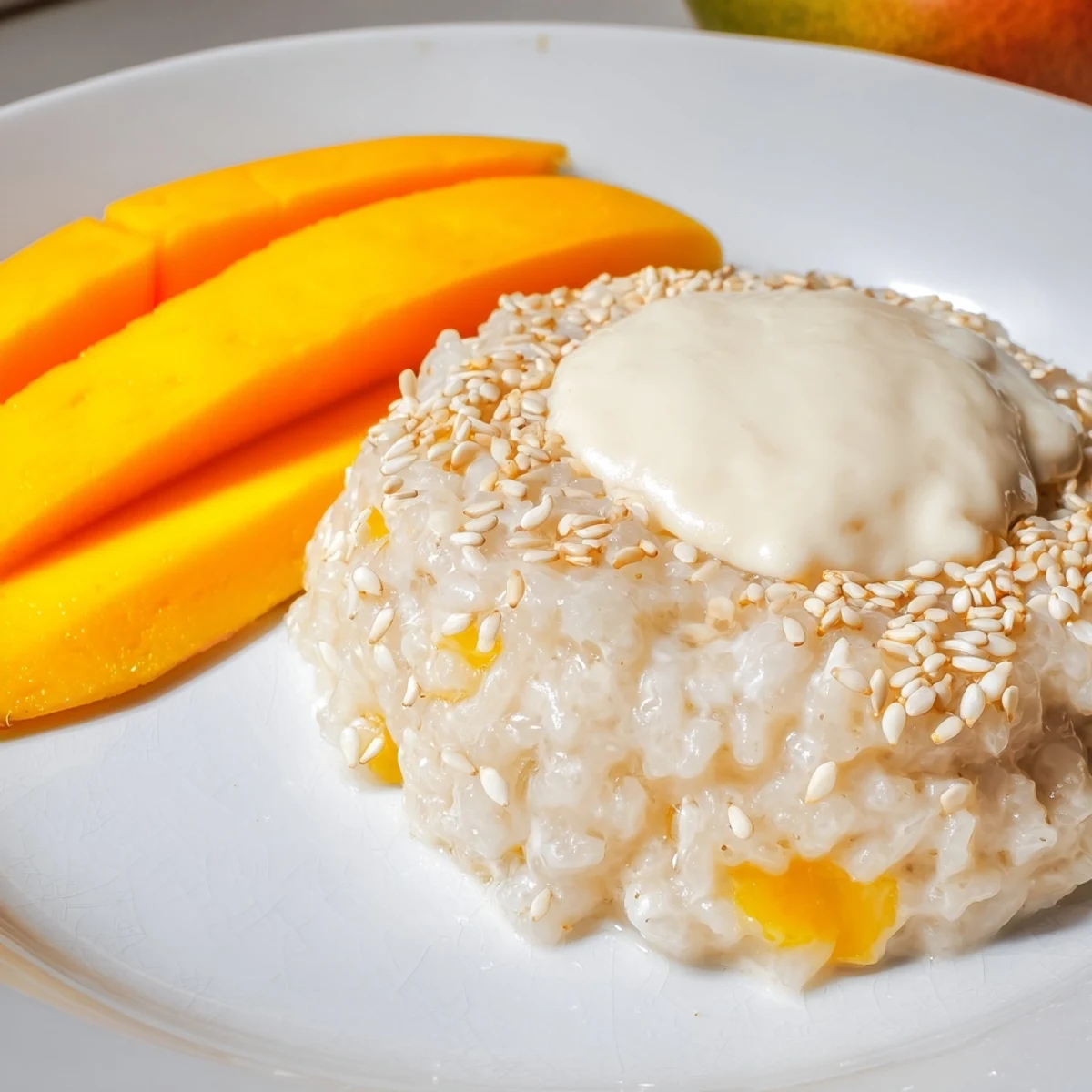A close-up of glistening, sweet Thai Mango Sticky Rice garnished with toasted sesame seeds and coconut cream.