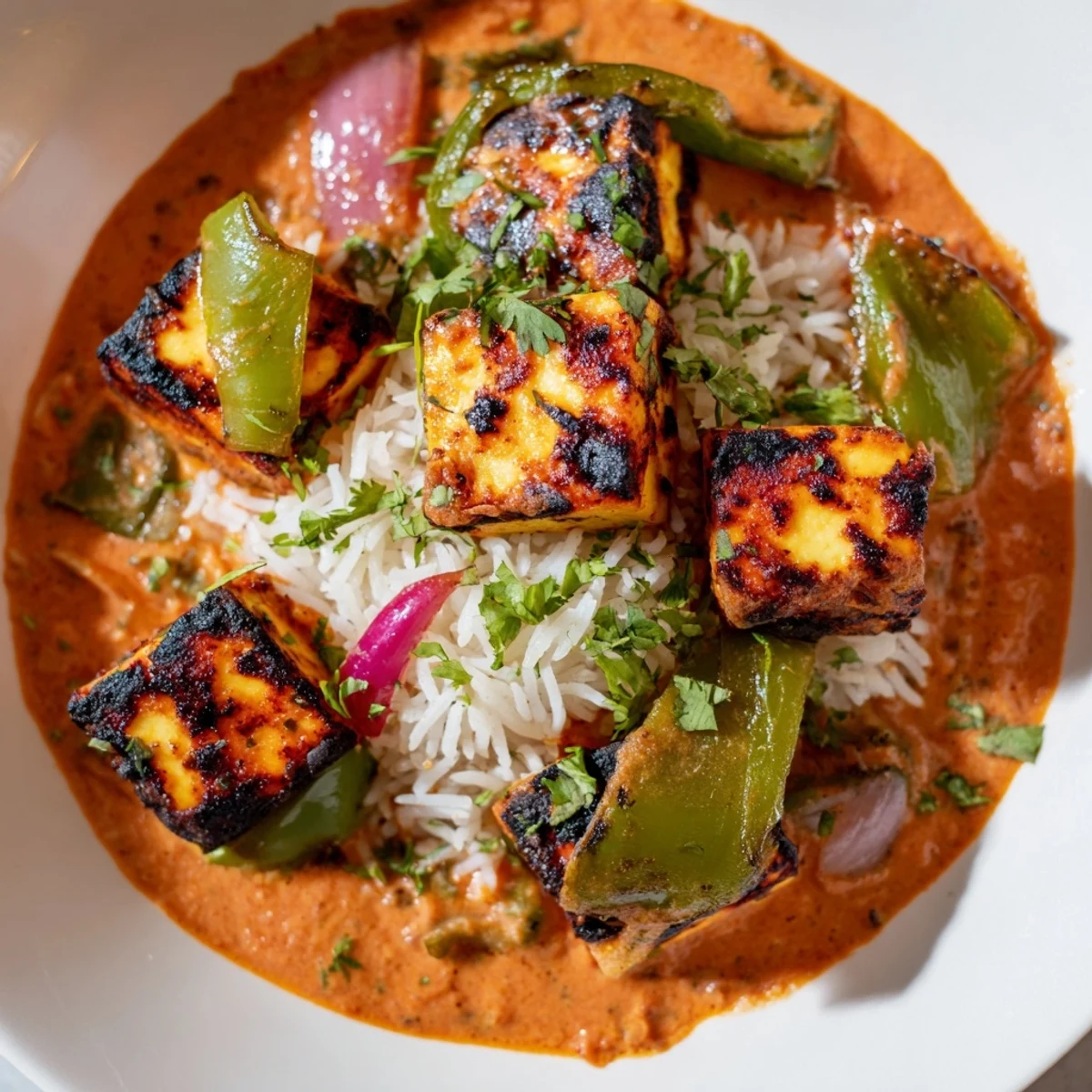 Tender paneer cheese in creamy, spiced tomato sauce; this Paneer Tikka Masala is a feast for the senses.