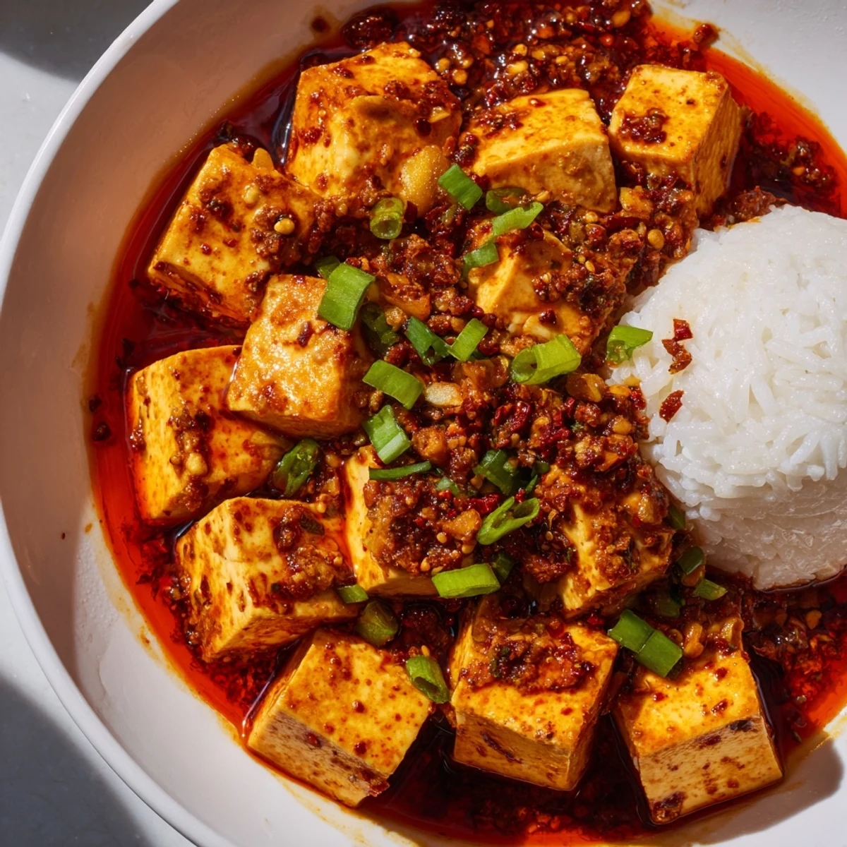 Steaming bowl of Mapo Tofu with vibrant sauce served upon fluffy white rice, delicious and aromatic.