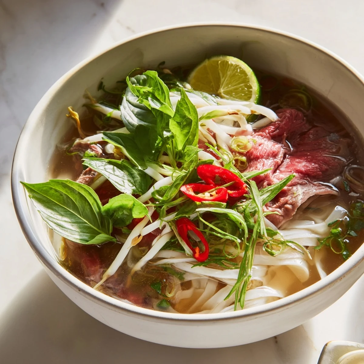 Steaming bowl of Vietnamese Pho Express with fresh herbs, ready for a delicious dinner.