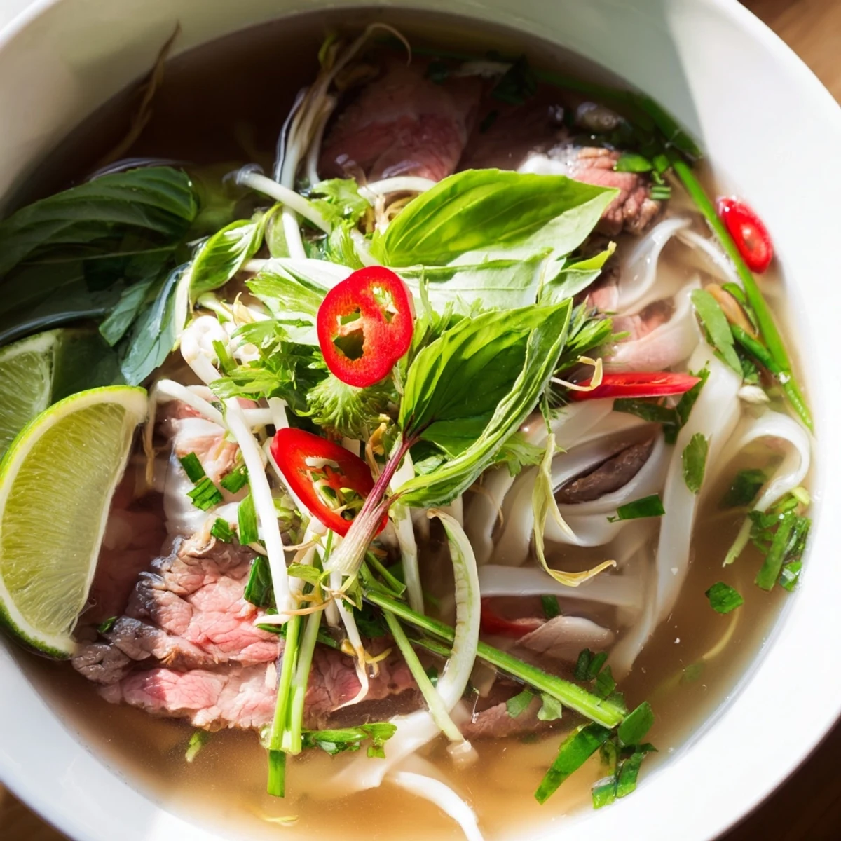 Enjoy a comforting bowl of Vietnamese Pho Express, vibrant with fresh herbs and lime wedges.