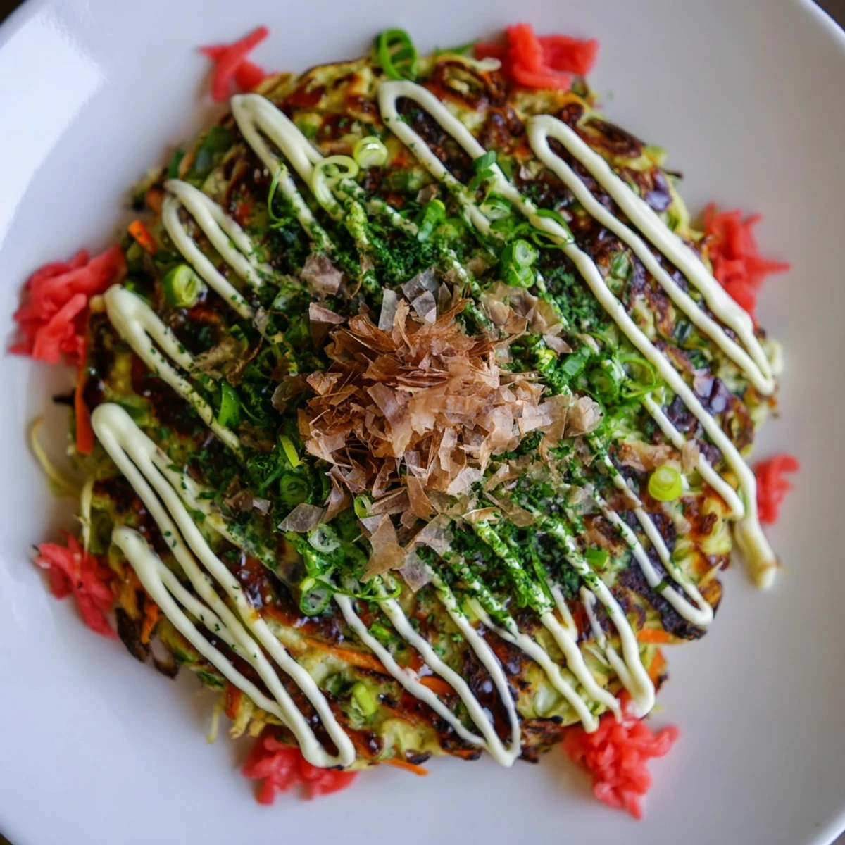 Golden-brown Japanese okonomiyaki pancakes, perfectly crisp with savory cabbage and drizzled umami sauces.