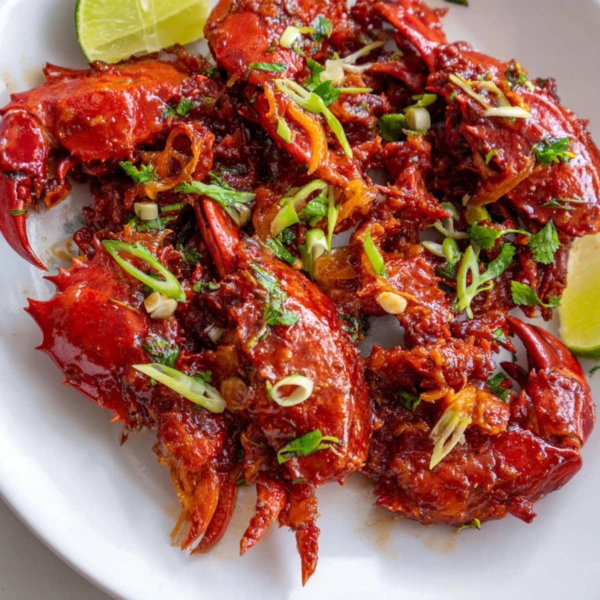 Steaming Singaporean Chili Crab in a rich tomato sauce, ready to serve with fresh herbs, and lime.