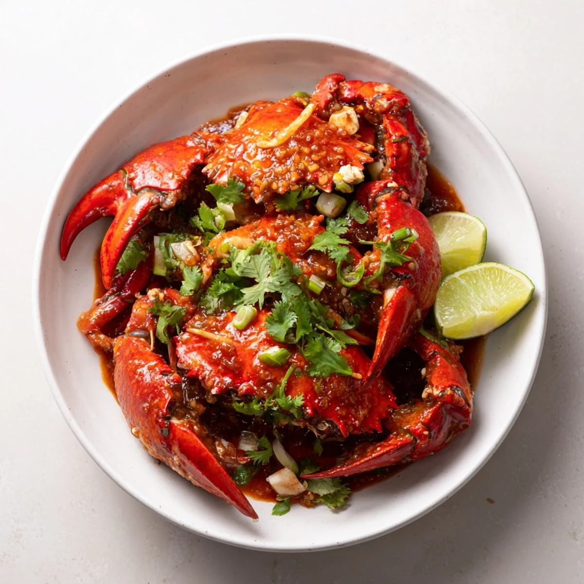 Vibrant red Singaporean Chili Crab, aromatic and spicy, with tender crab pieces swimming in sauce.