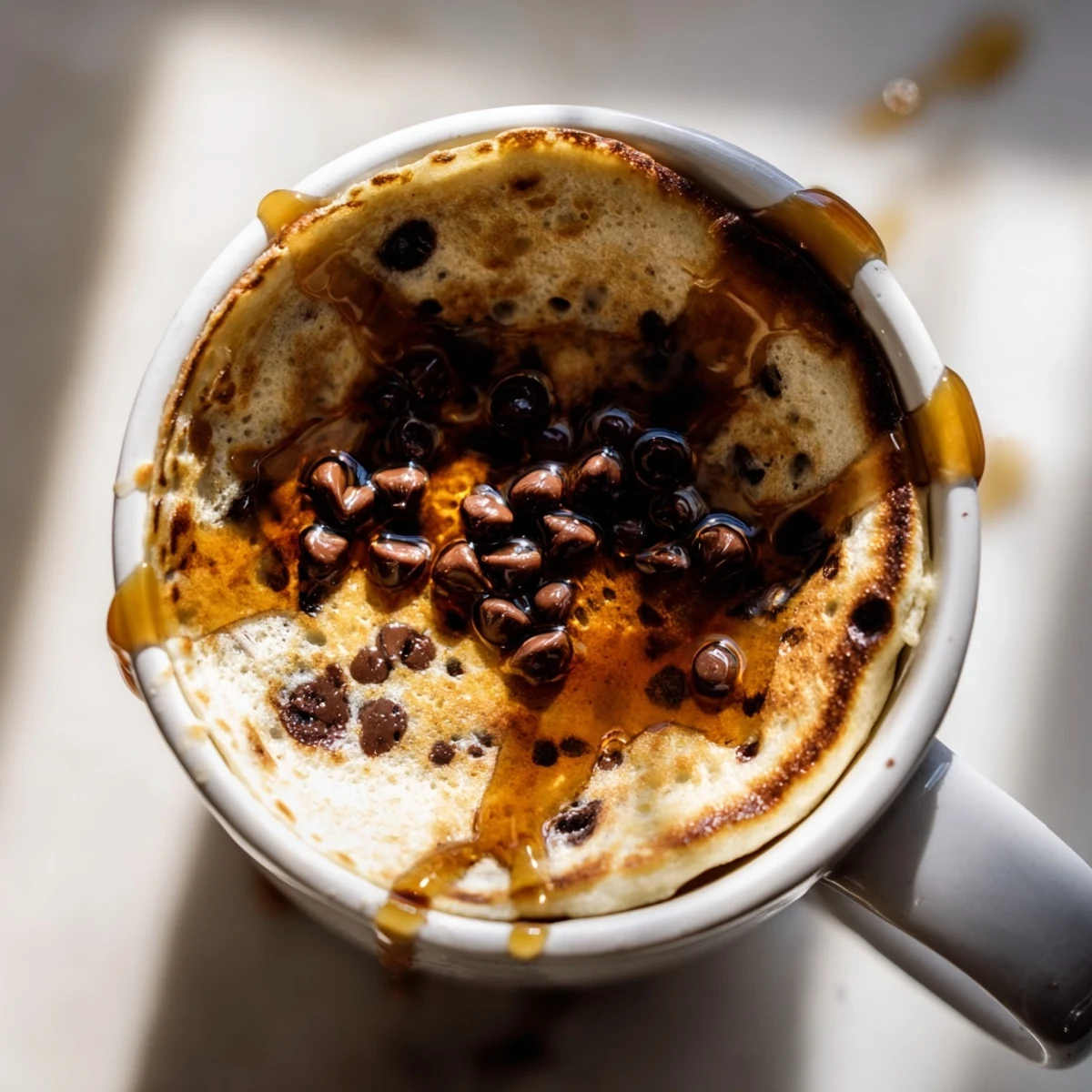 A warm, fluffy microwave mug pancake topped with fresh blueberries and a drizzle of maple syrup.  