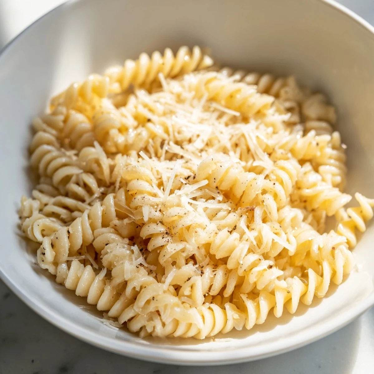 Quick microwaved pasta bowl with fusilli, olive oil, and freshly ground black pepper garnish ready to enjoy.  