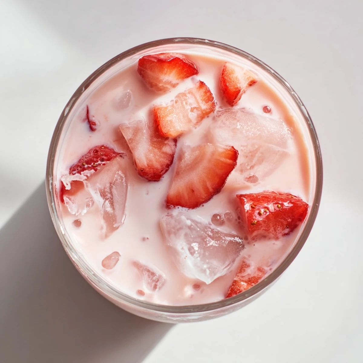 A refreshing Refresher Copycat Pink Drink in a tall glass, featuring creamy coconut milk, vibrant strawberry syrup, and fresh fruit slices over ice.