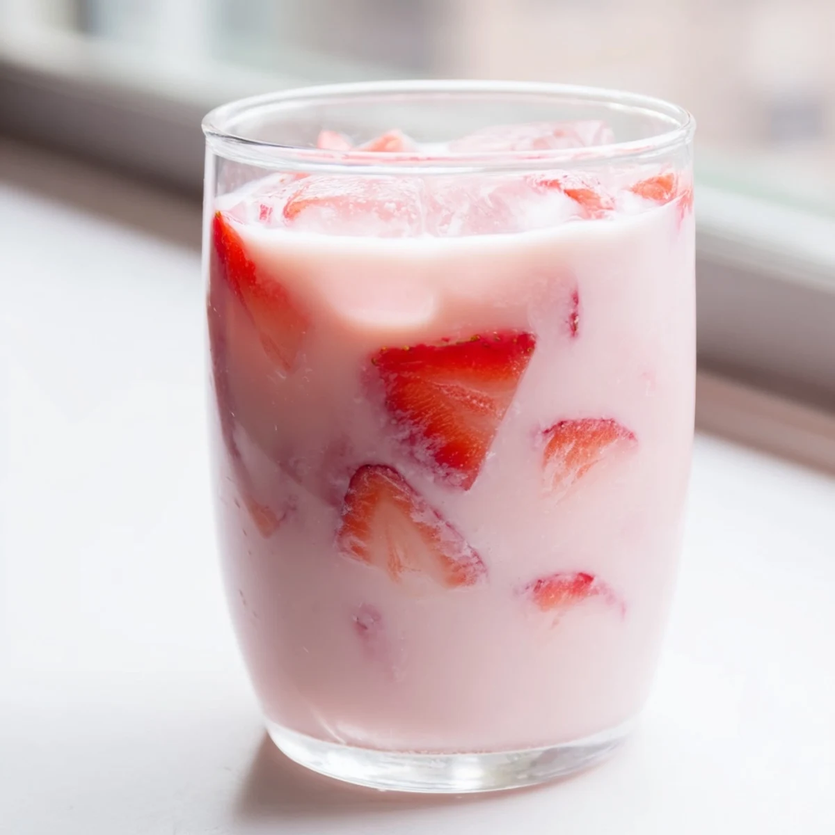 Two glasses of the Refresher Copycat Pink Drink glisten with ice, showcasing the creamy pink texture and fresh sliced strawberries for a tropical sip.