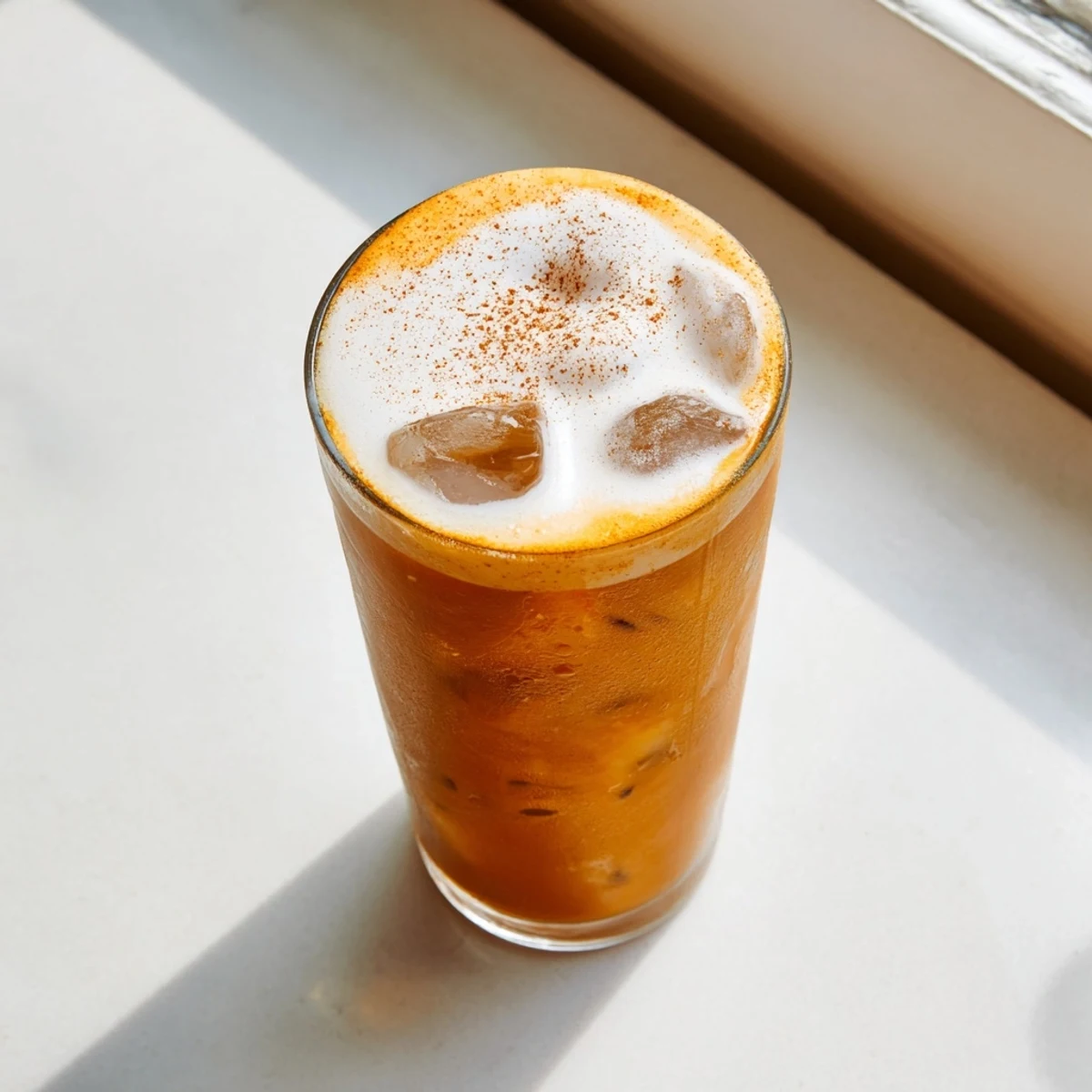 Close-up of creamy cold foam layered over chilled chai tea with ice.