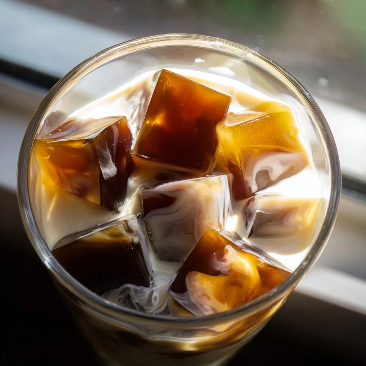 Chilled cubes of homemade coffee jelly glisten in a glass, surrounded by ice cubes and drenched in a creamy, sweet milk blend.