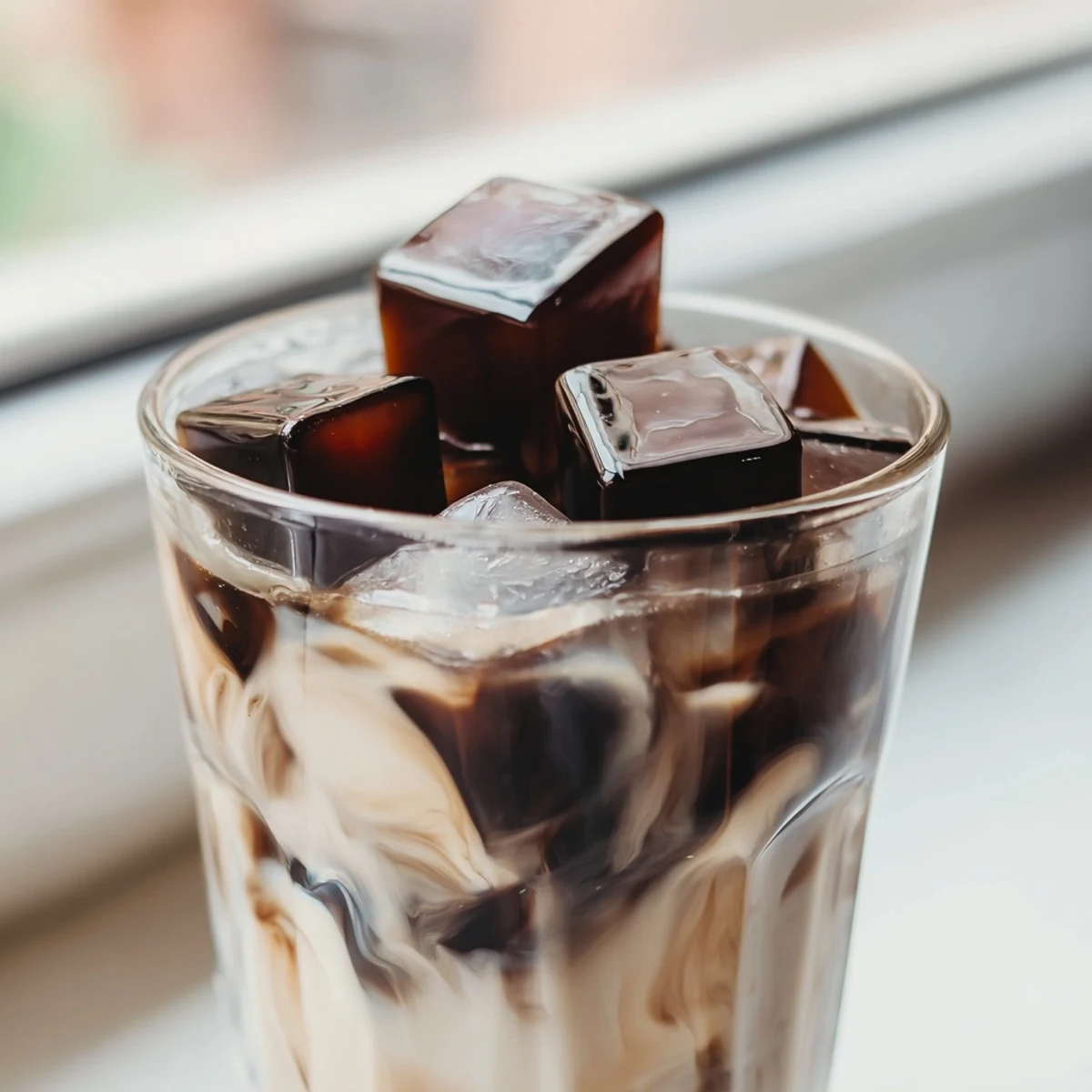 Close-up of bouncy coffee jelly cubes floating in a tall glass with creamy milk, ready to be sipped through a straw.