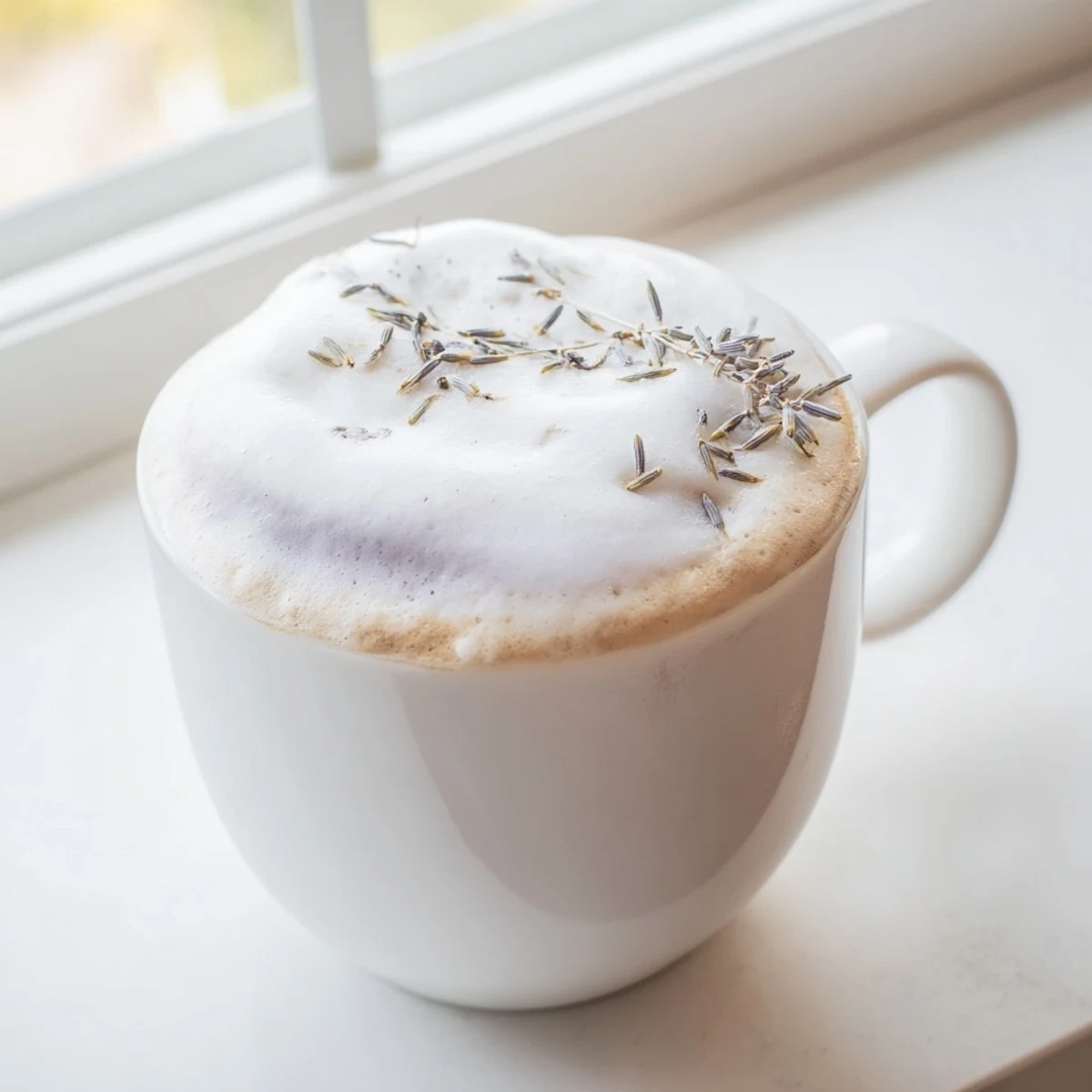 Creamy espresso and fragrant lavender syrup topped with fluffy whipped foam in a glass mug, perfect for a relaxing morning treat.