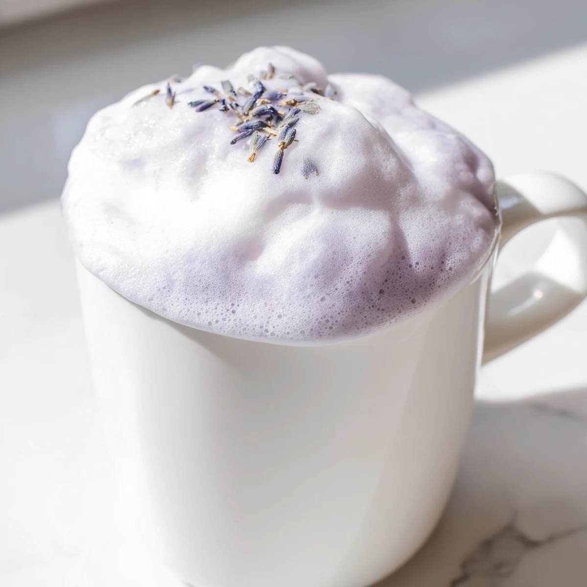 A close-up of a Whipped Lavender Latte with steamed milk and cloud-like lavender foam, garnished with dried buds.