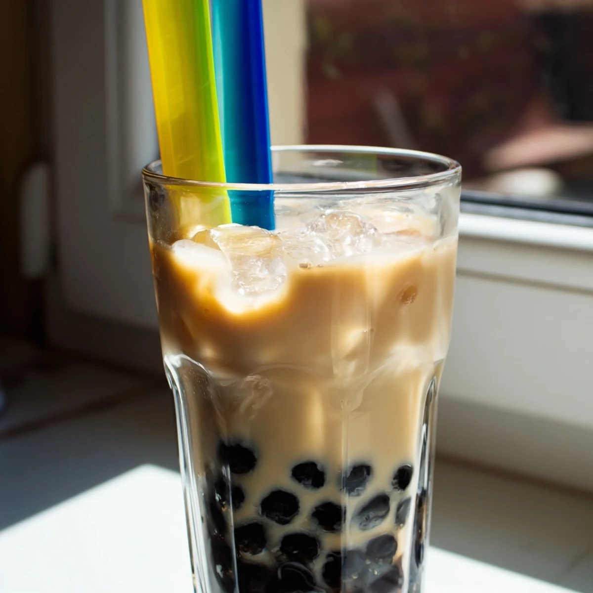 Easy Boba Tea Hack recipe with sweetened condensed milk and tapioca pearls in a glass, ready to sip for a refreshing Asian fusion beverage.