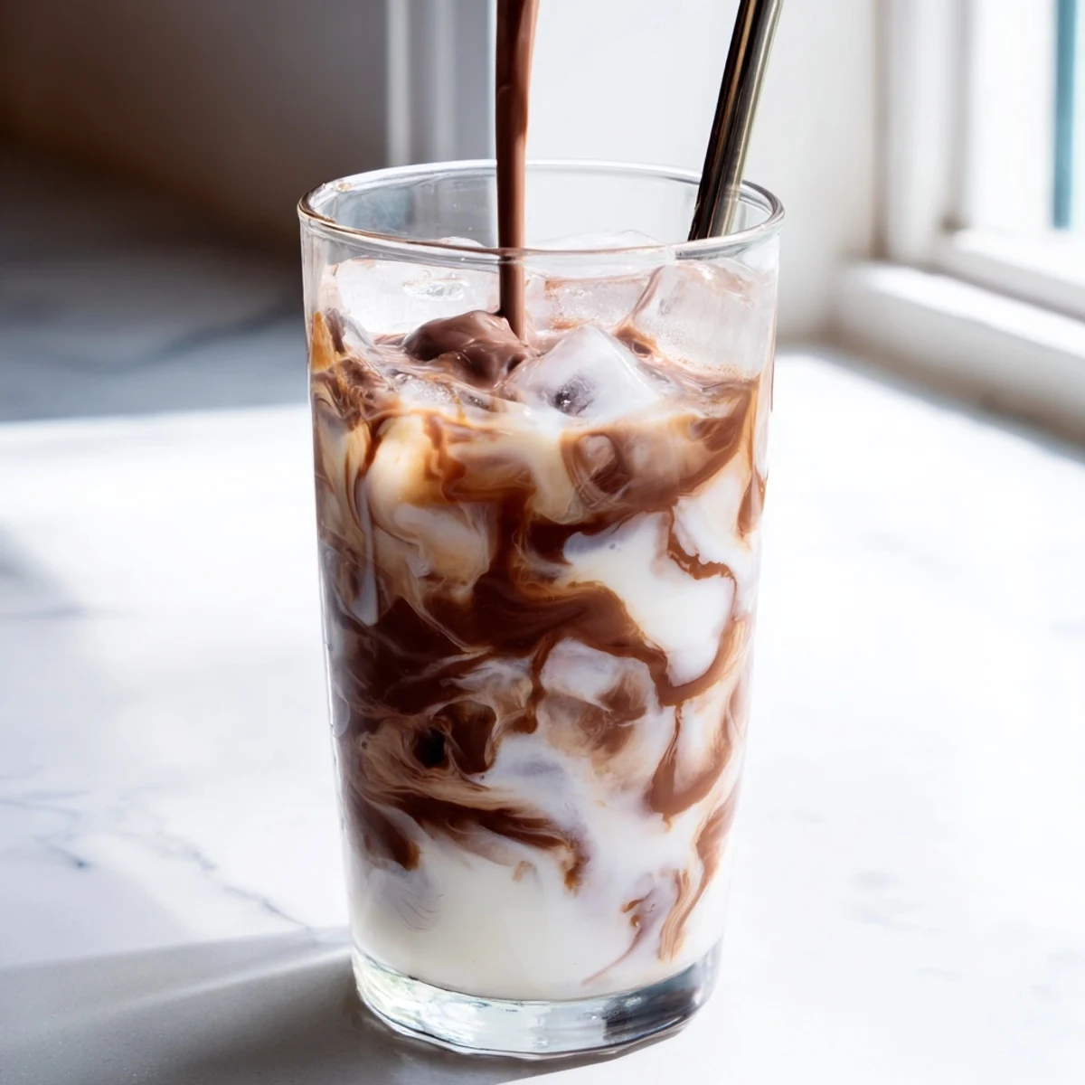 Homemade Milo latte hack served over ice, with a spoon stirring the rich, chocolate malted milk mixture.  