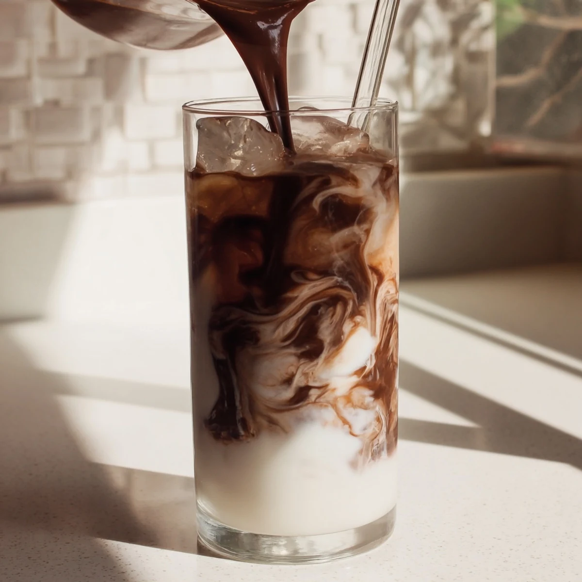 A tall glass of iced Milo latte with whipped cream, ready to enjoy on a warm afternoon.