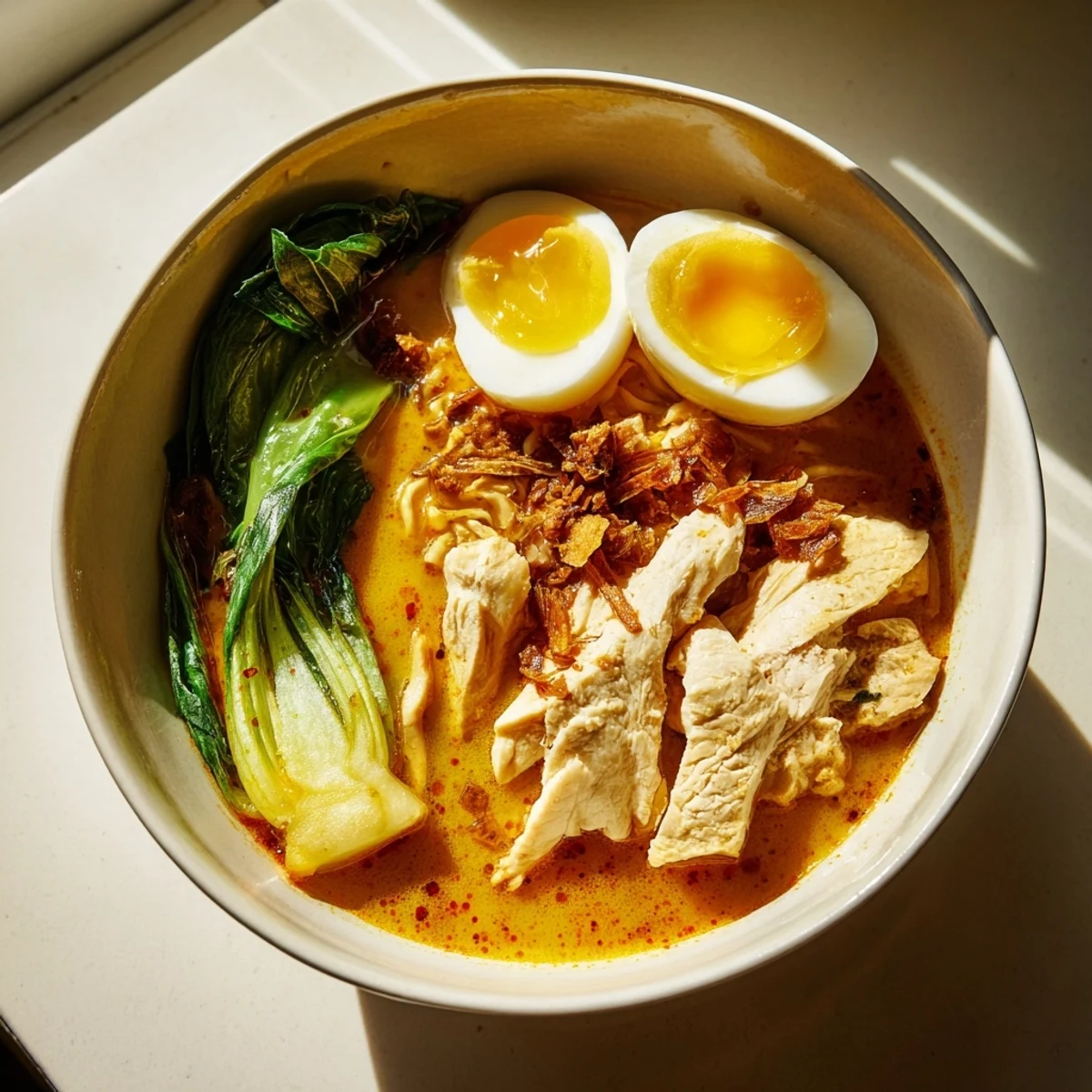 Golden crispy shallots and sliced scallions crown this comforting fusion noodle bowl, served with lime wedges for bright acidity.