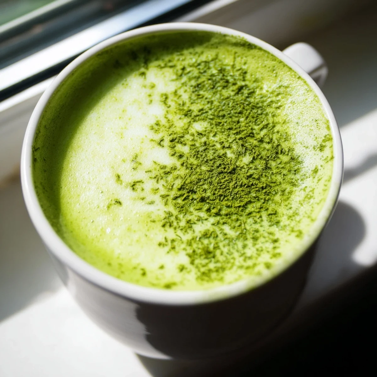 Homemade matcha green tea latte served hot with a dusting of green tea powder.