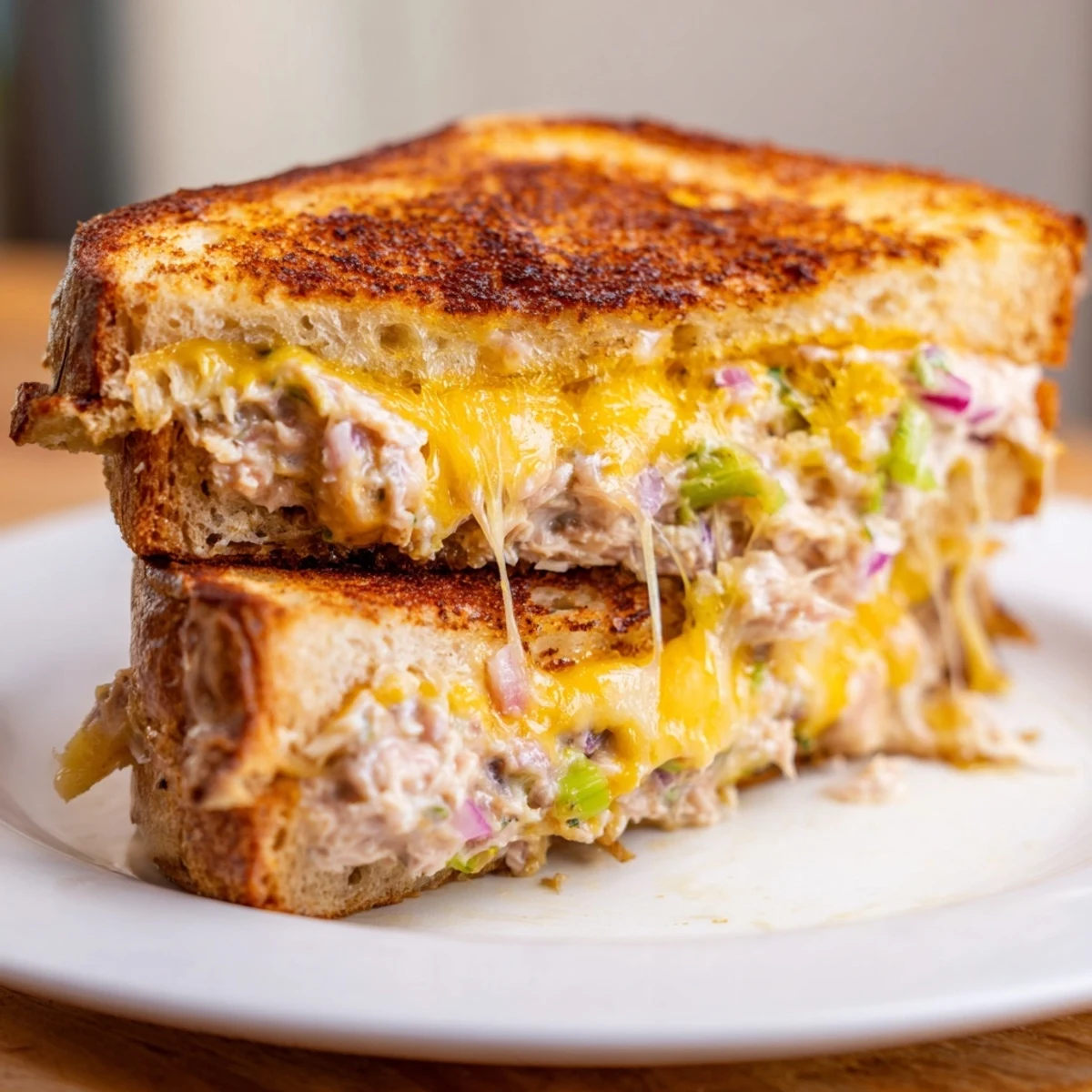 A classic spicy tuna melt sandwich rests on a wooden board, showcasing its gooey cheese and flaky tuna filling.  