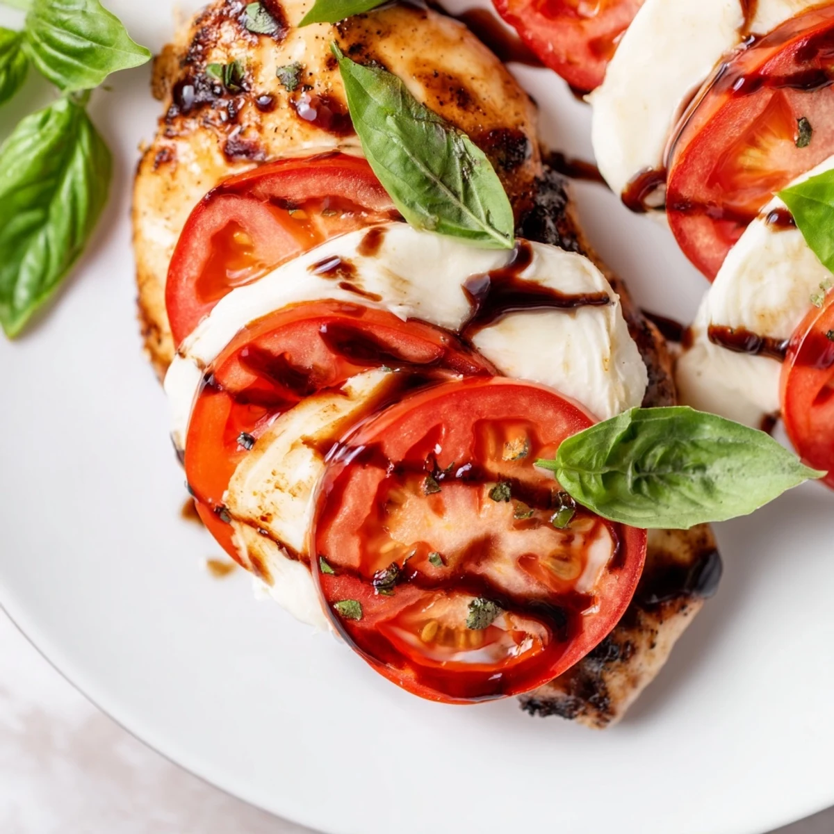A close-up of Caprese Chicken Skillet with juicy chicken, melted cheese, and a vibrant tomato-basil topping.